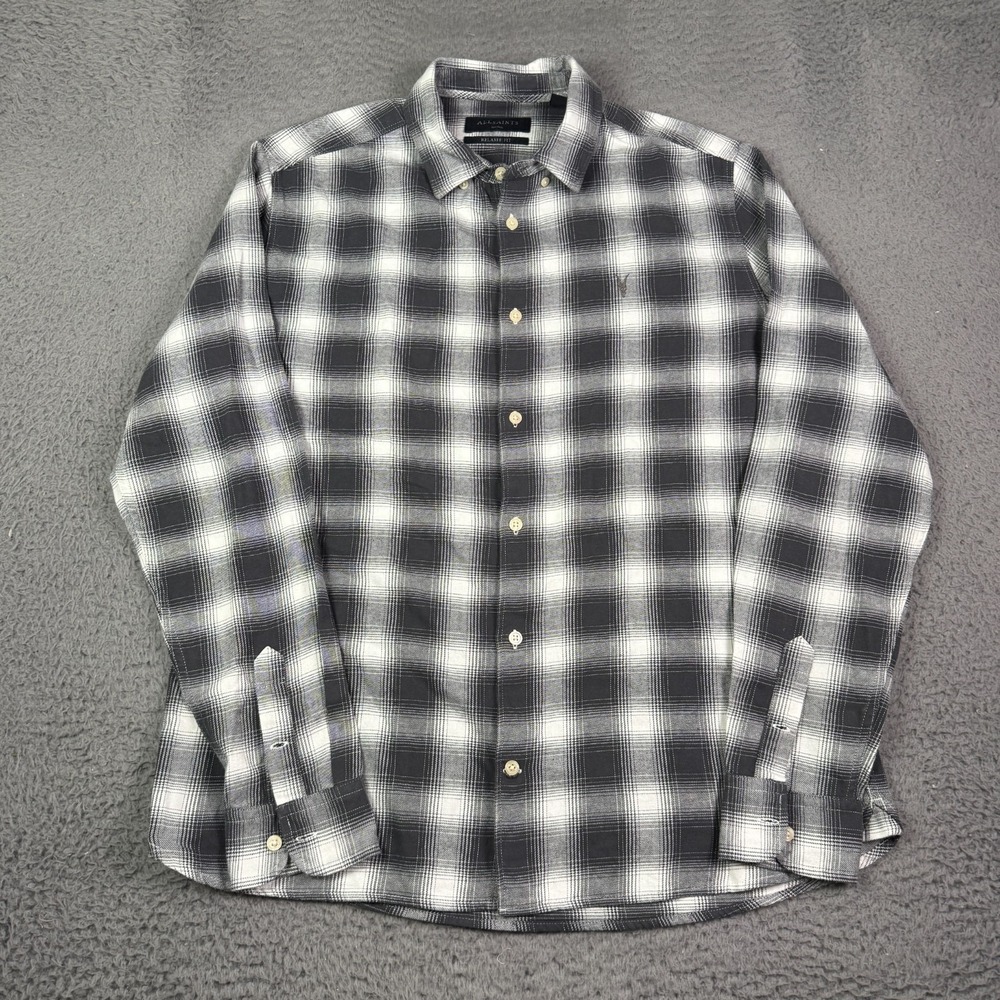 AllSaints Malpaso LS Shirt Mens S Gray White Shadow Plaid Flannel Button - Picture 2 of 9